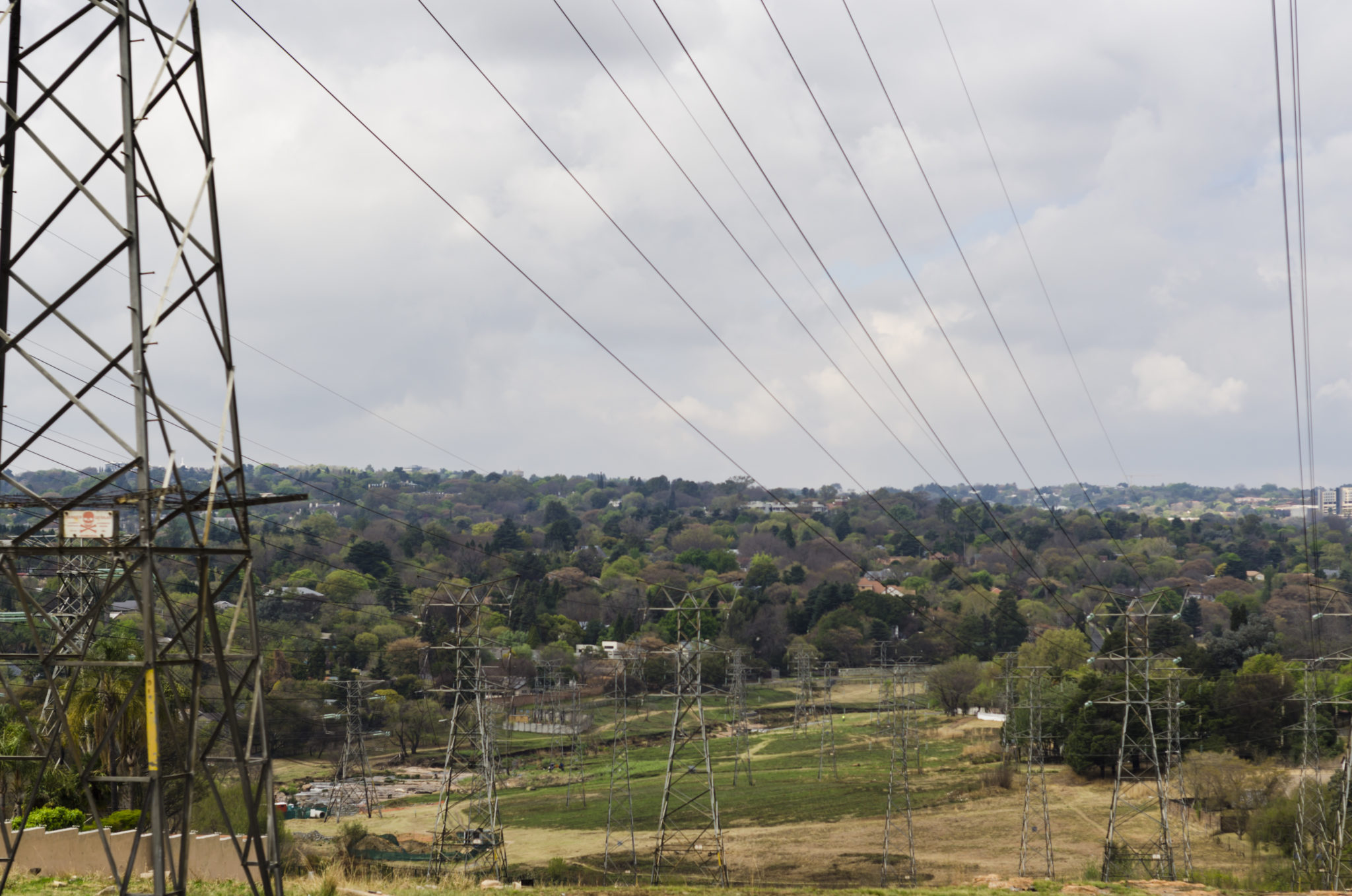 View of electric pylons in Randburg, viewed from Republic Road, Johannesburg, Gauteng, South Africa.