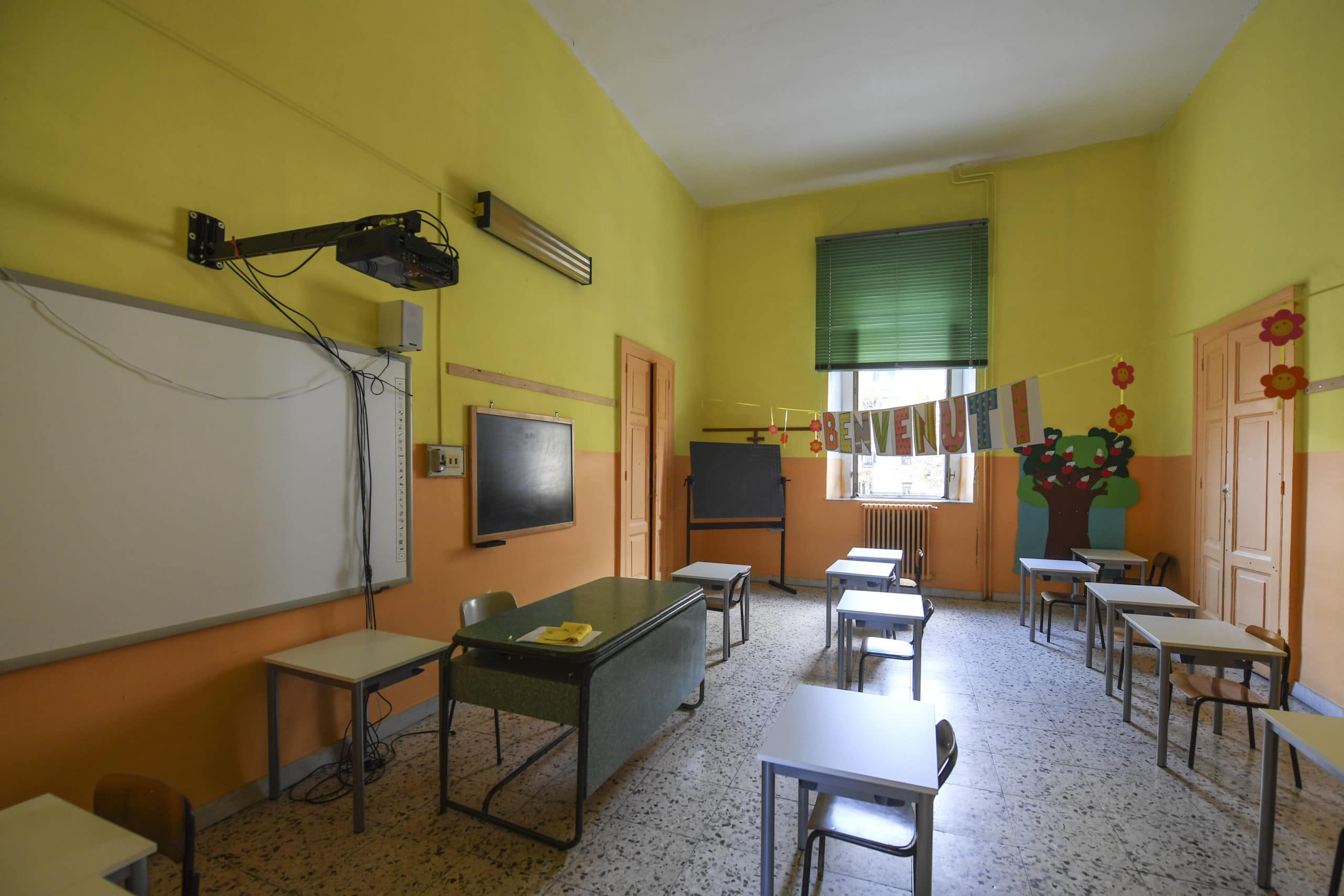 Empty classroom at a school in central Naples. After the