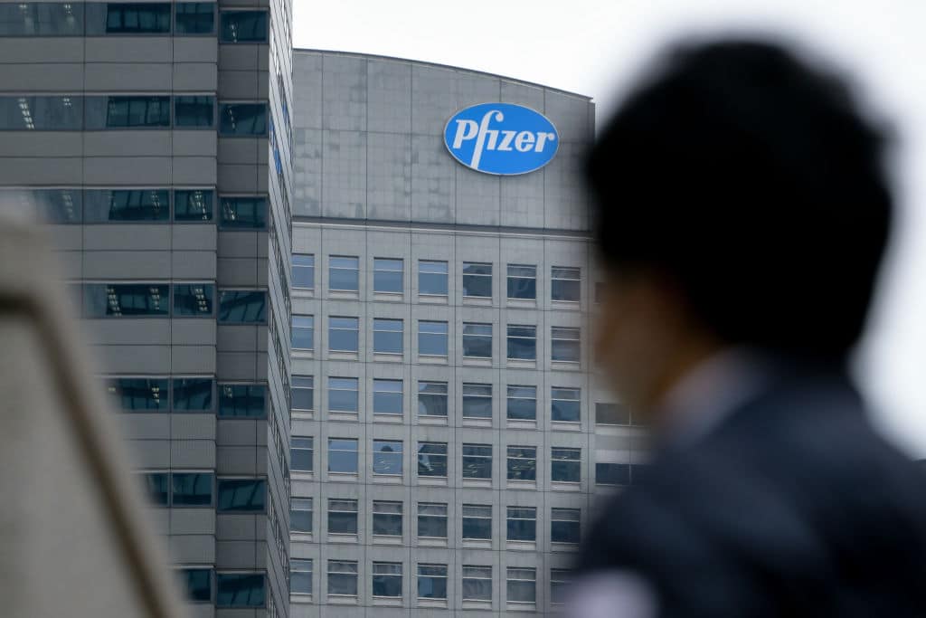 Pfizer logo seen on the facade of an office building in