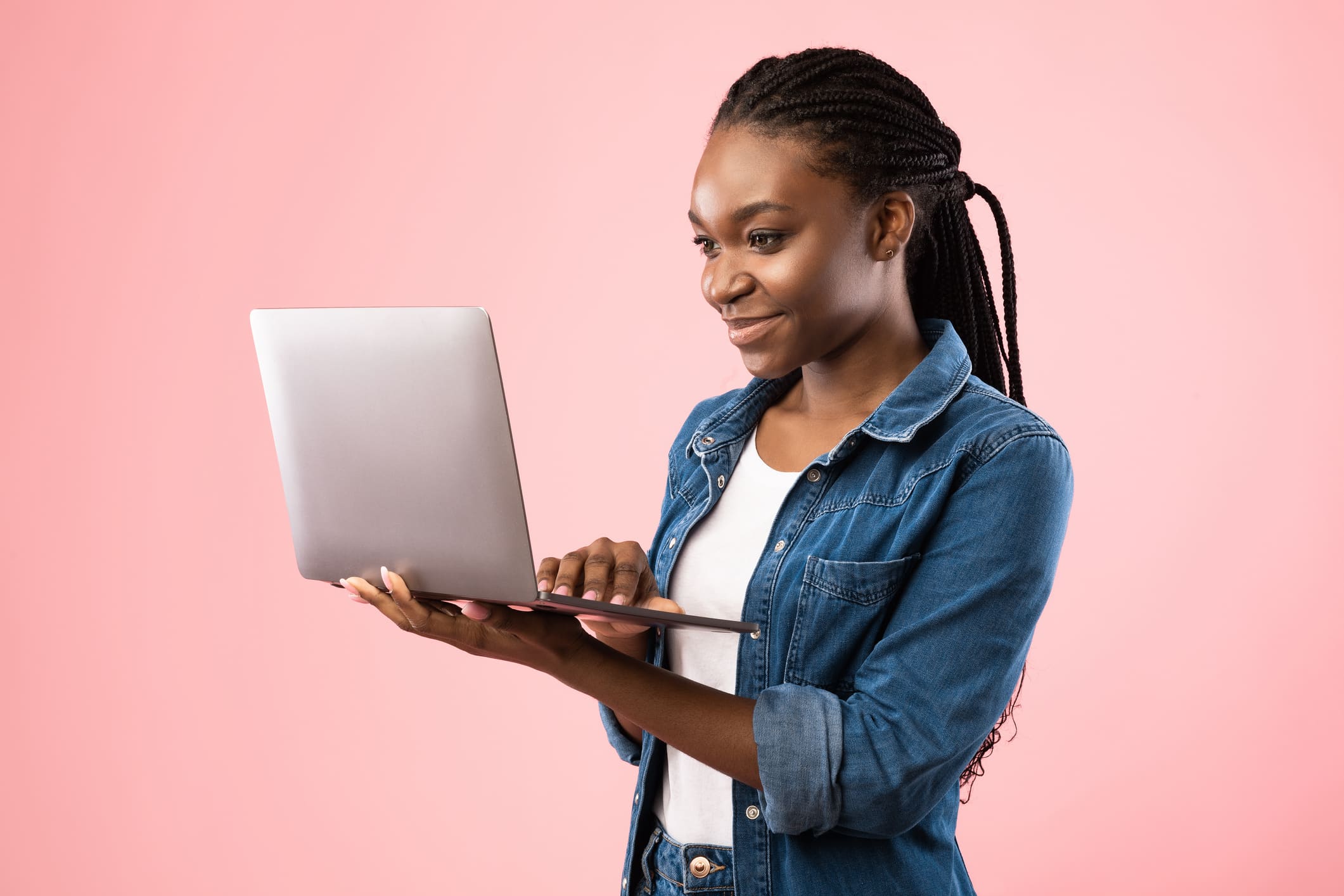 Black Student Girl Holding Laptop Computer Standing On Pink Background