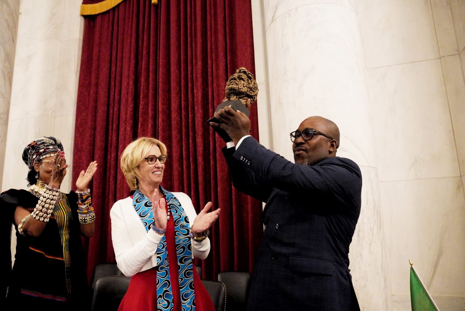 (from left to right) co-laureate Maximilienne C. Ngo Mbe, president of RFK Human Rights Kerry Kennedy, and Felix Agbor Nkongho (Balla).