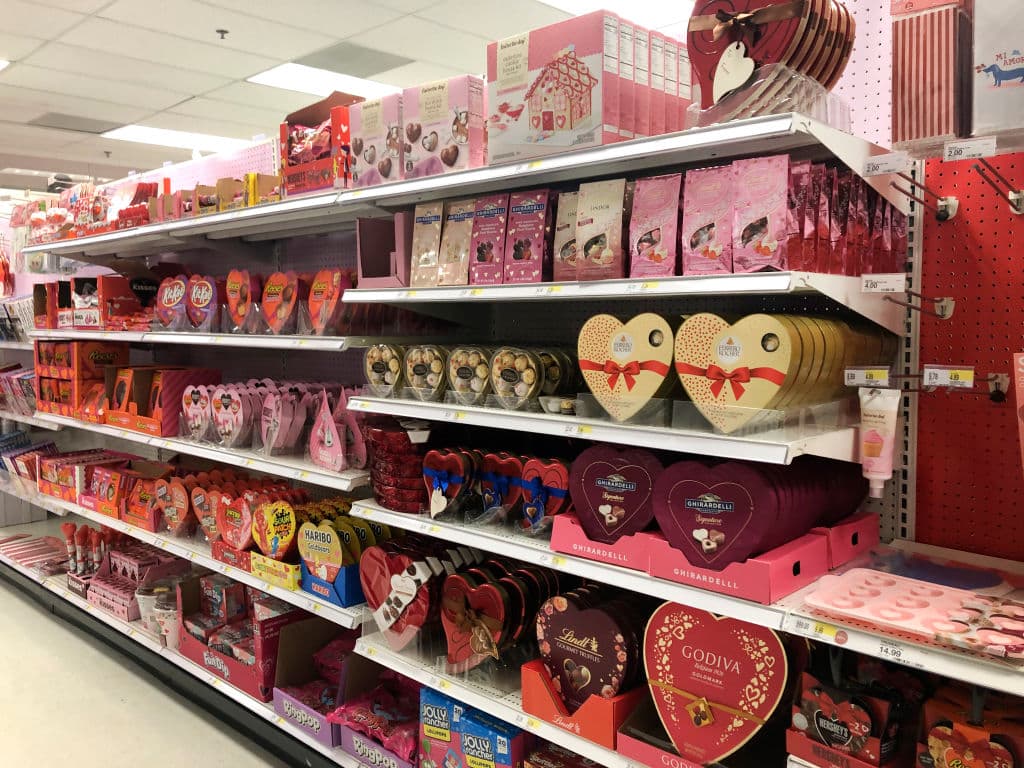 Valentines Day aisle, heart shaped gift boxes of Chocolates, Target, Queens, New York