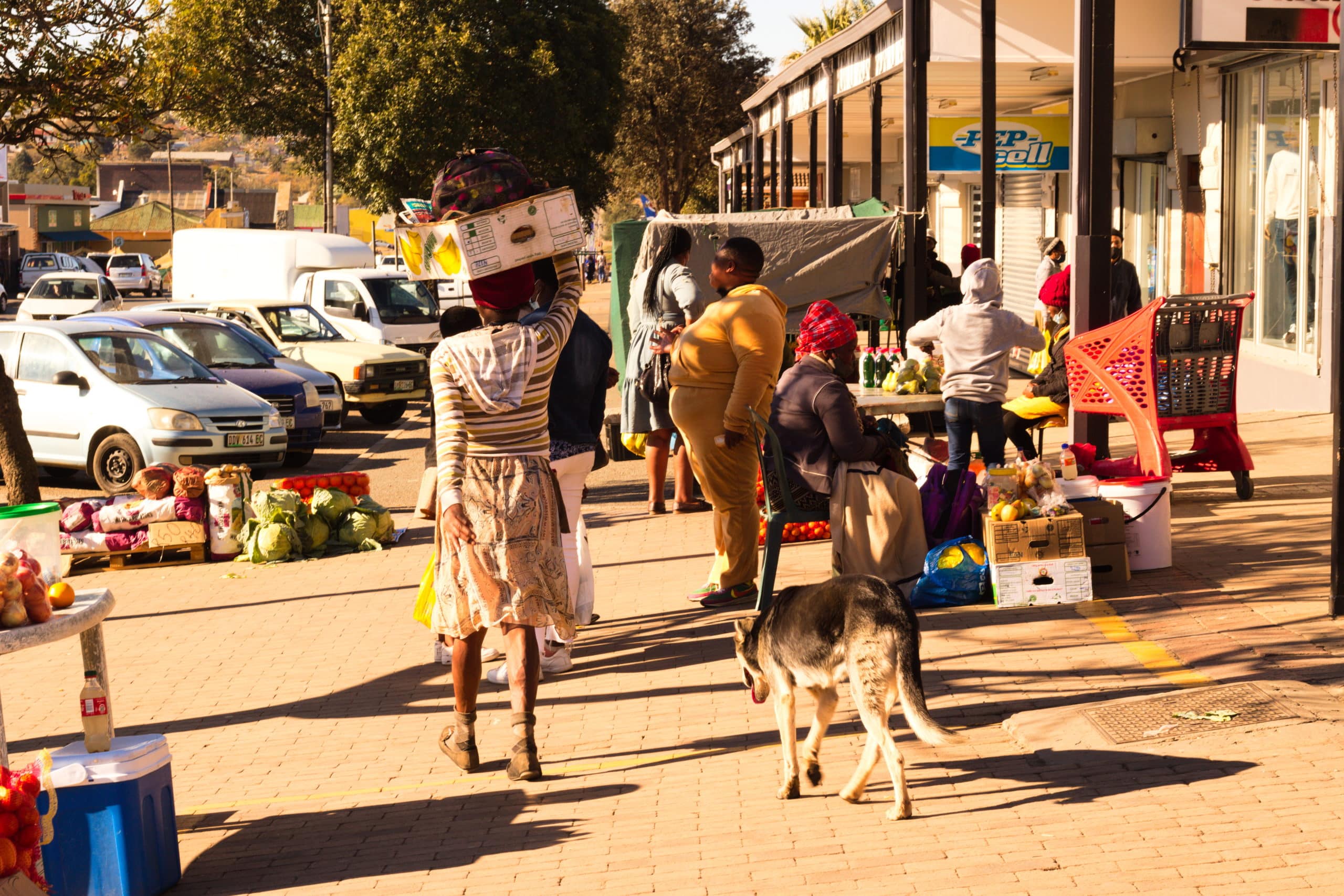 Old woman walking with her dog and her wares through the streets of Makhanda, Eastern Cape, in 2021