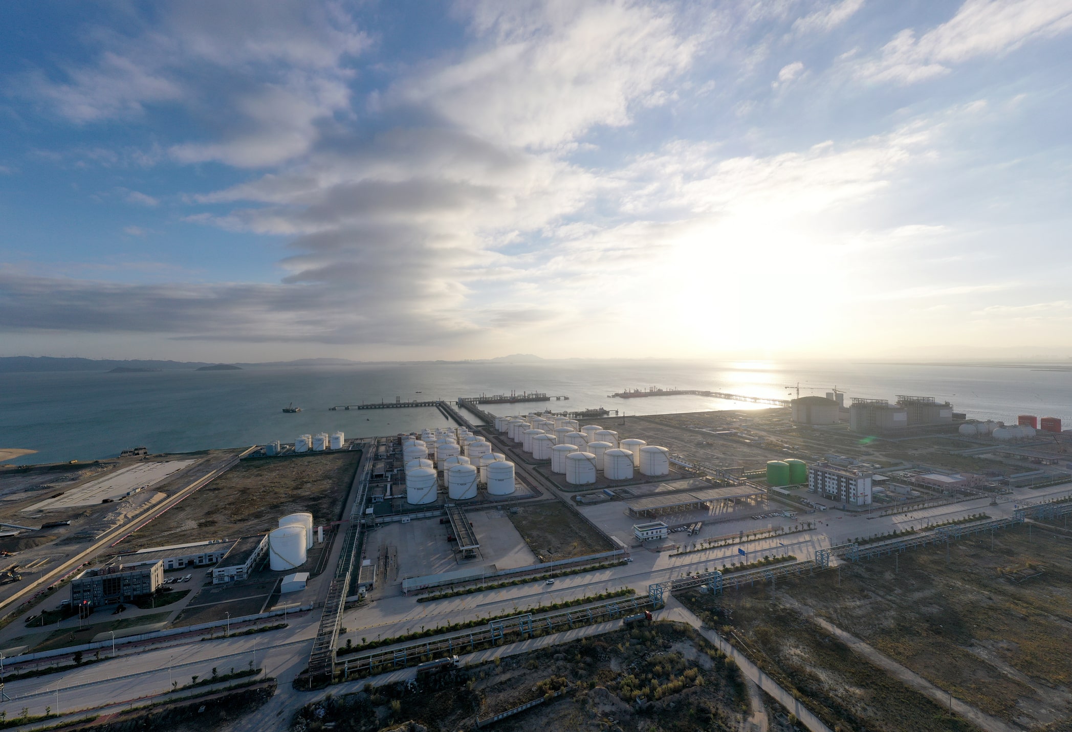 Aerial view of hydrogen tank terminal at sea