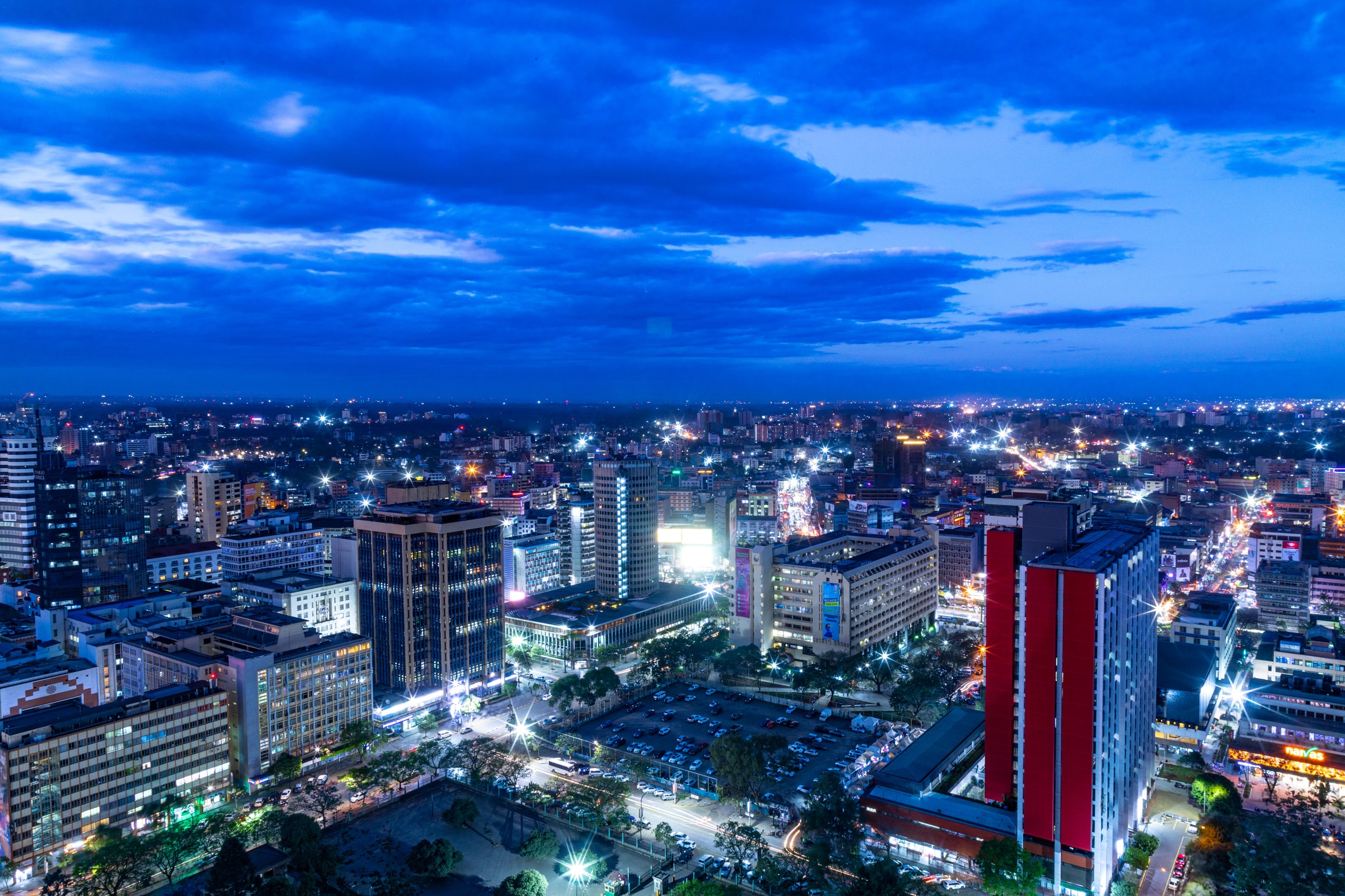 Aerial view of illuminated city buildings against sky at night,Nairobi,Kenya
