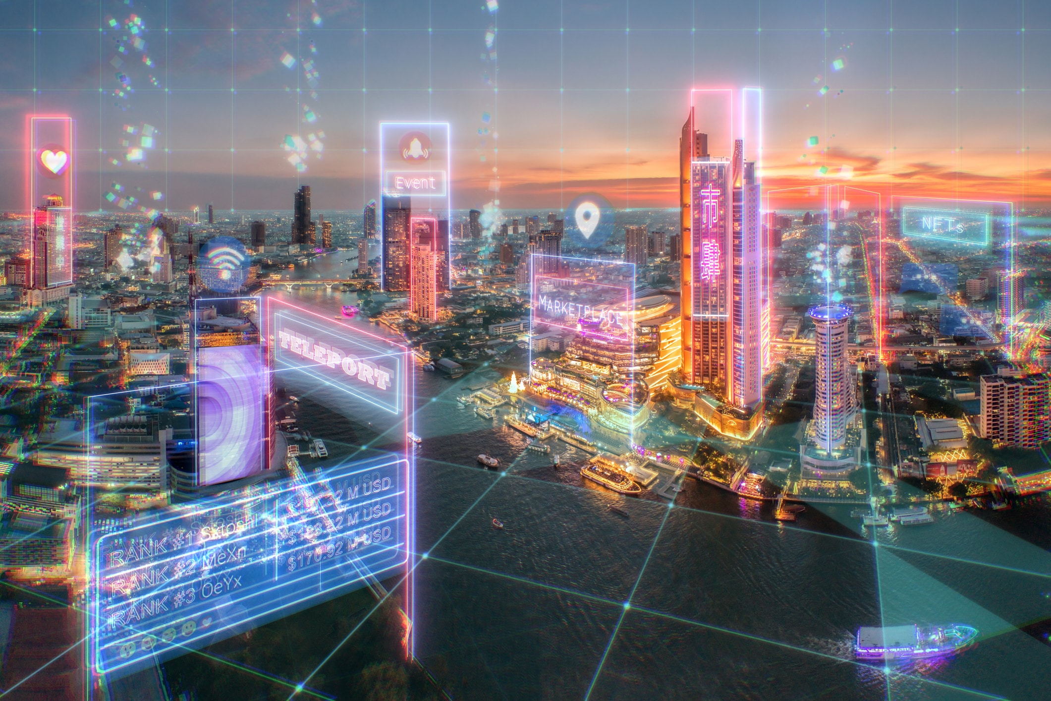 Metaverse Concept in the real city,  Futuristic digital design for Smart city and technology in the future