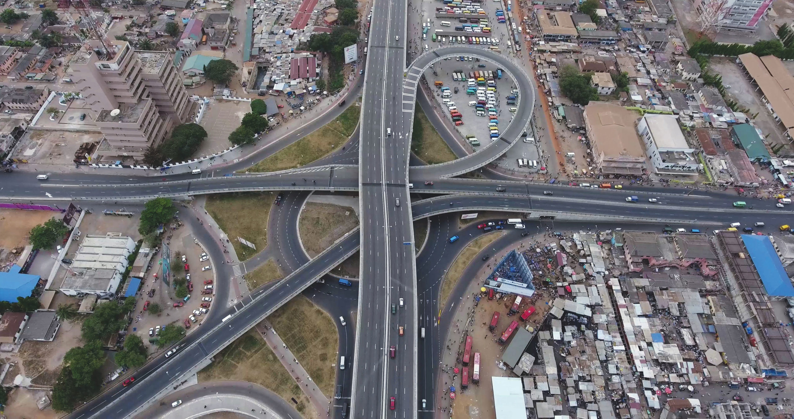 Kwame Nkrumah Circle Interchange in Ghana, Africa. Shot with a drone