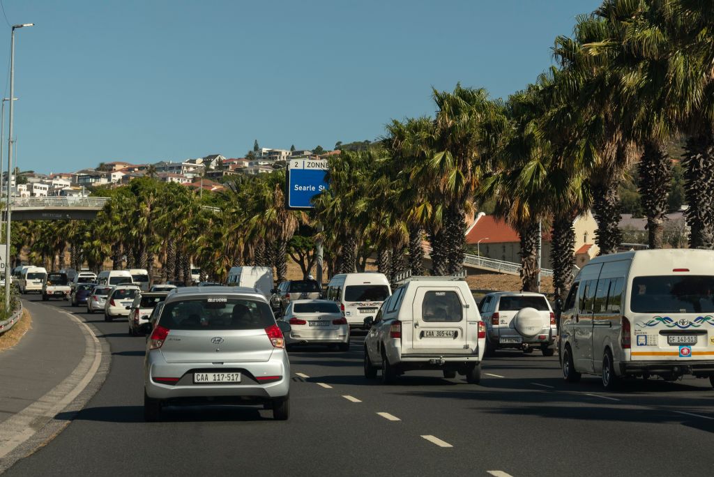 Cape Town, South Africa, Heavy commuter traffic heading out of Cape Town along the N2 highway towards the airport.