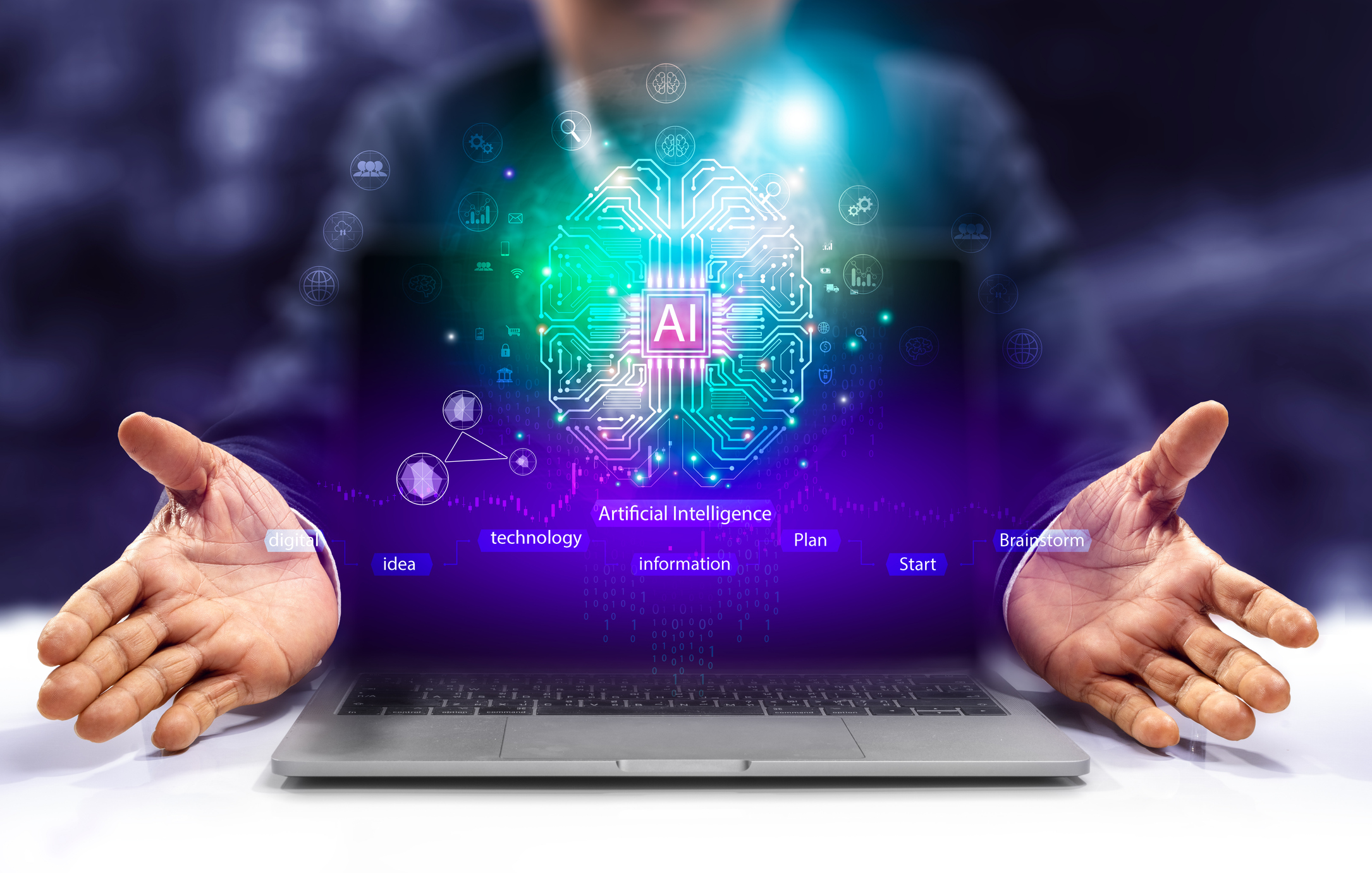 Internet technology and people’s networks use AI to help with work, AI Learning or artificial intelligence in business and modern technology, AI technology in everyday life.