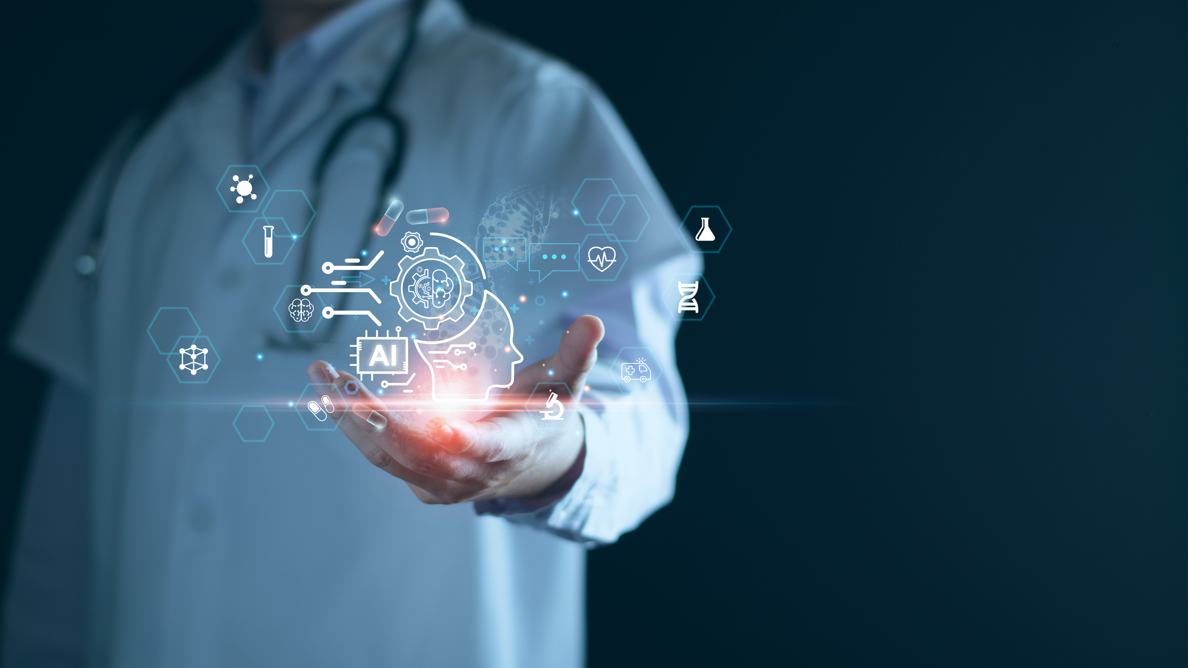 Medical technology, doctor use AI robots for diagnosis, care, and increasing accuracy patient treatment in future. Medical research and development innovation technology to improve patient health.