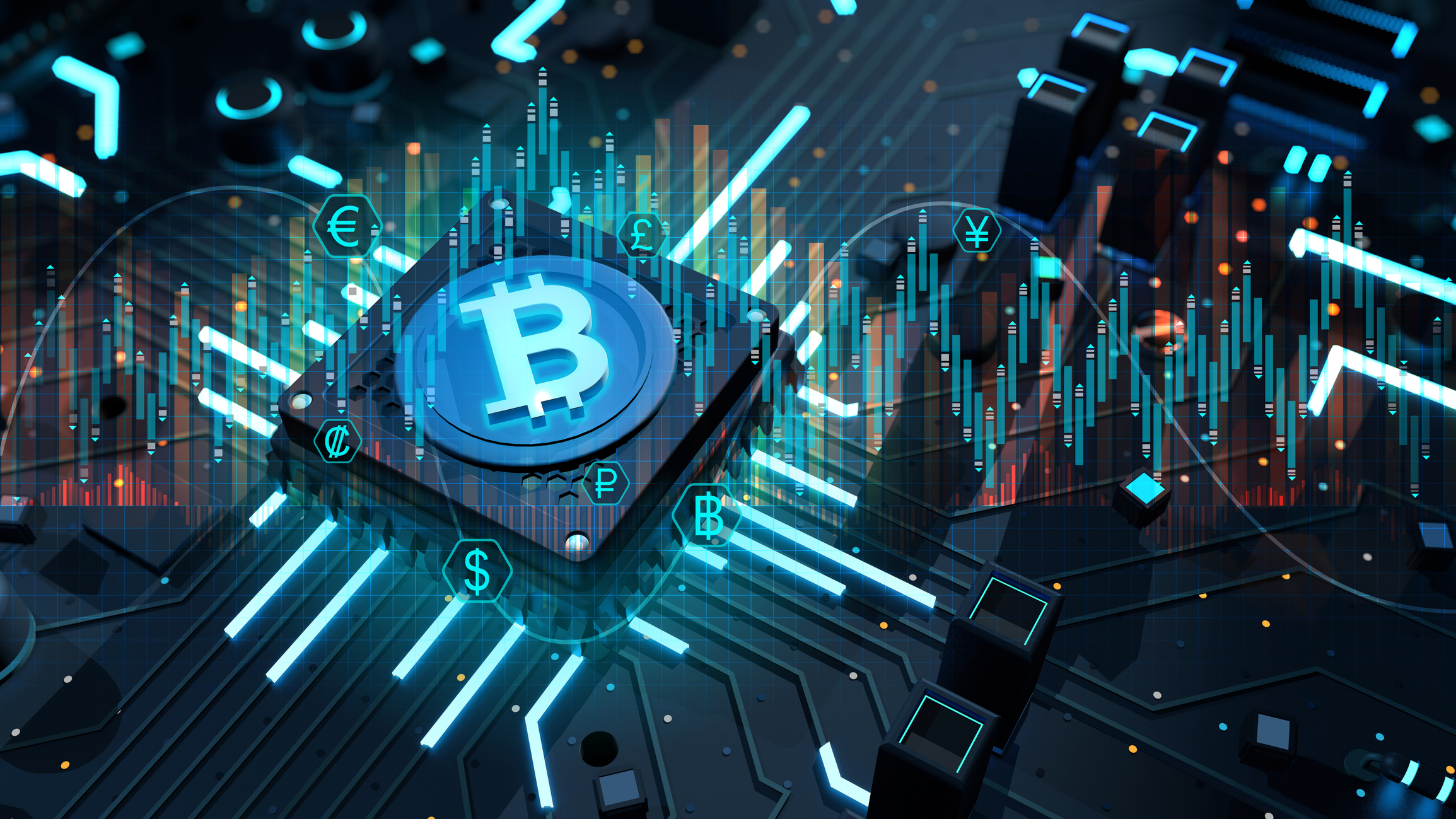 Bitcoin icon with blue light on microchip surrounded with icons of different world currencies on complex circuit board. International finance concept. 3D Illustration